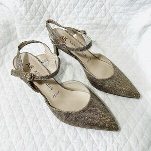 Anne Klein Glitter Ankle Strap Stiletto Pump Gold Pointed Toe Synthetic